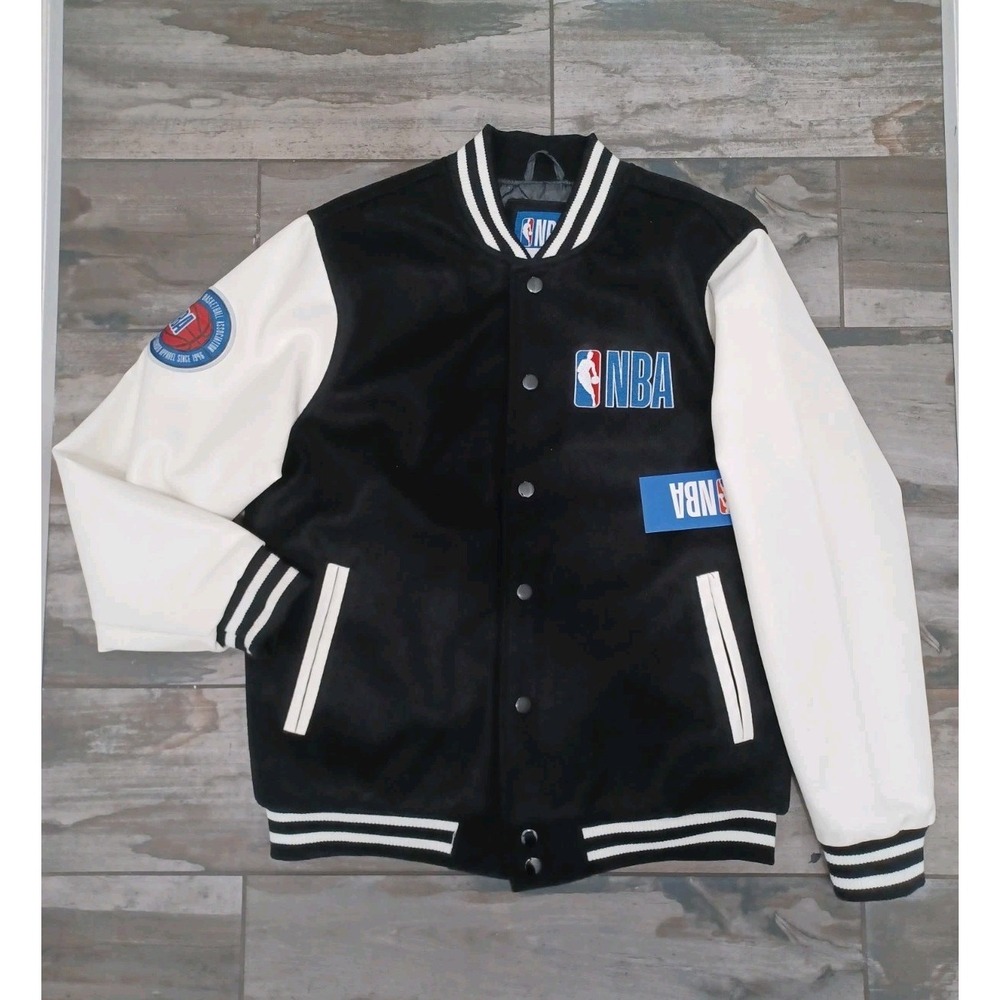 NBA Varsity Jacket New Black Body White Leather Sleeve Size M